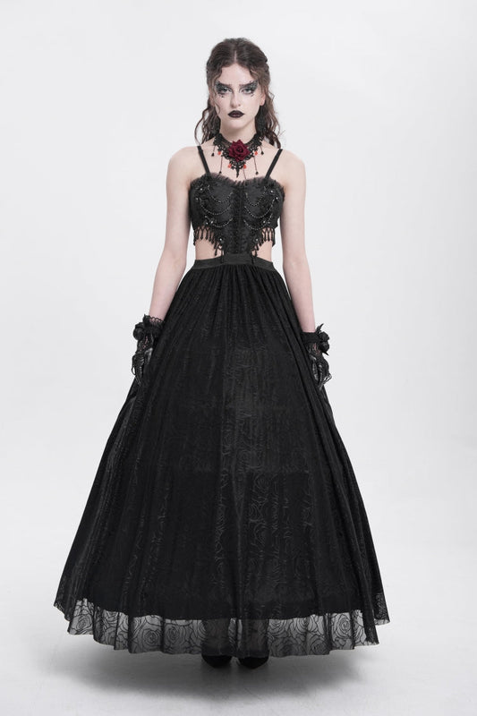 Women's Gothic Party Slip Dress with Floral Embroidery and Lace Ripped in Black Jacquard