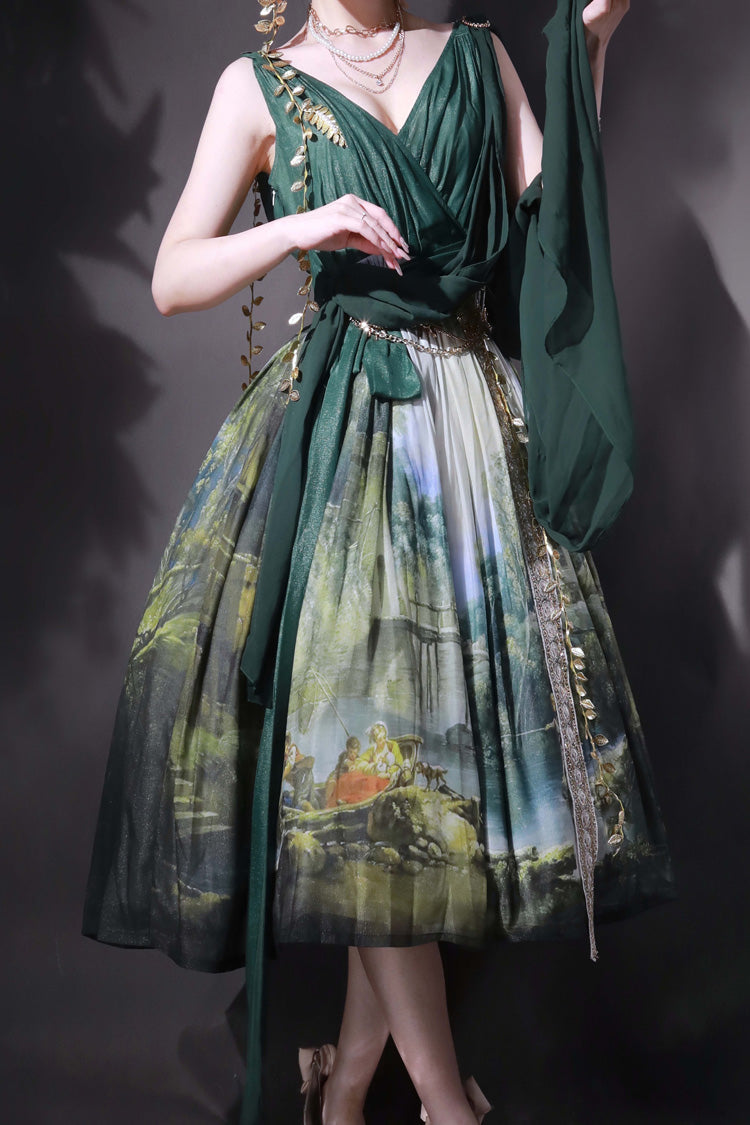 Emerald Grace Favor V-Neck Sleeveless Oil-Painting Printed JSK