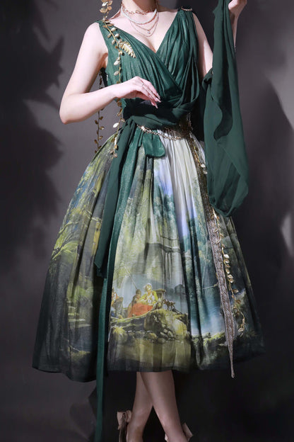 Emerald Grace Favor V-Neck Sleeveless Oil-Painting Printed JSK
