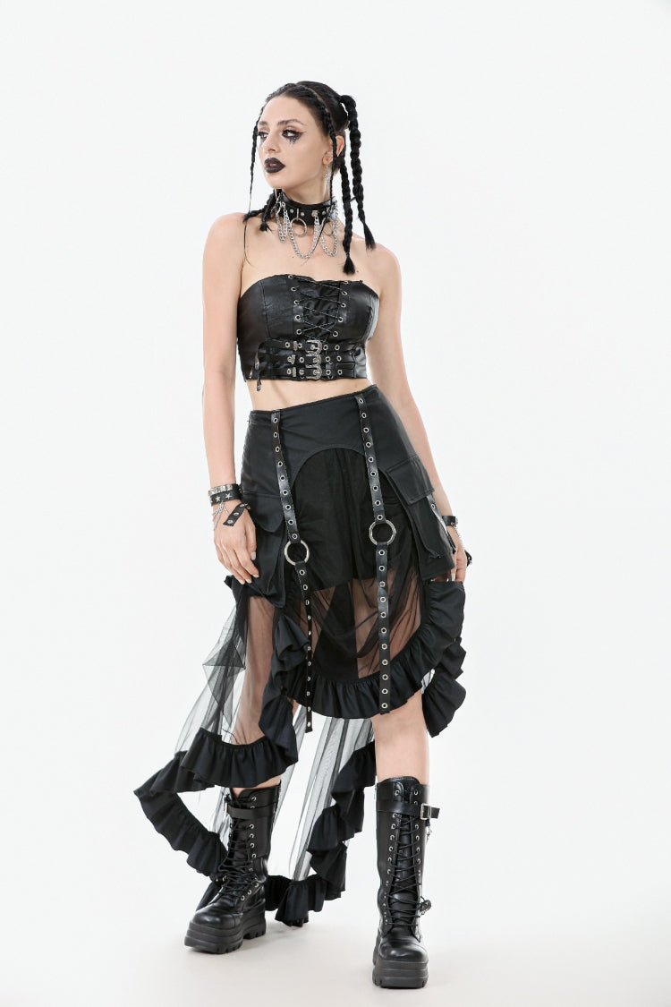 Women's Punk Skirt with Eyelet Straps, Ruffled Sheer Mesh and High-Low Layers