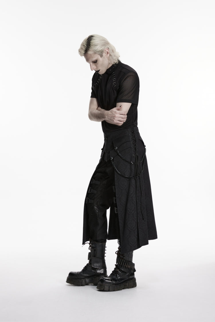 Black Lace-Up Zip Punk Skirt with Chain Detail for Men