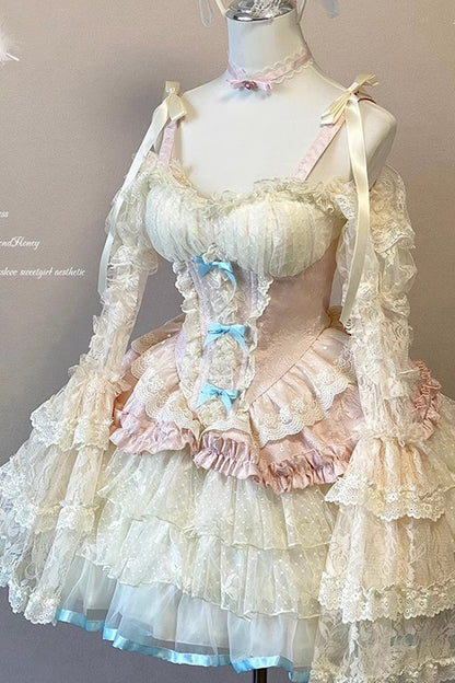 Blush Ruffled Bow Lace Ballet Dress with Layers