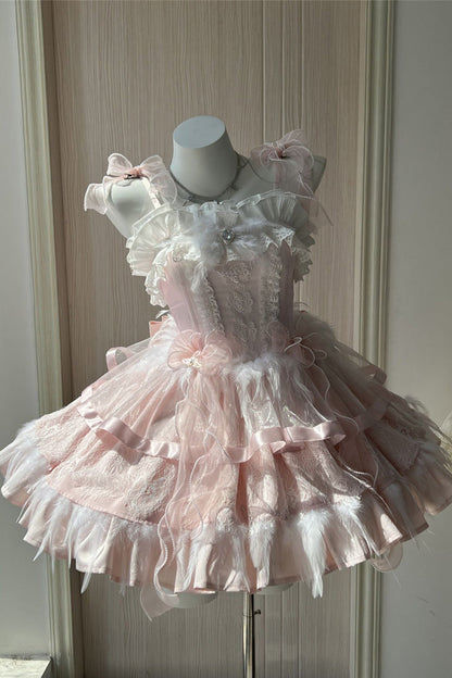 Ballet-Inspired Multi-Layer Ruffle JSK Dress with Bowknot in Three Hues - EtherealGrace