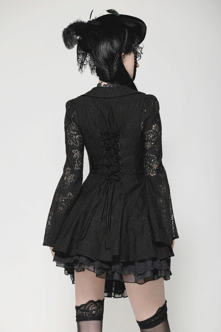 Ebony Flared-Sleeve Embroidered Lace-Up Gothic Honeymoon Dress