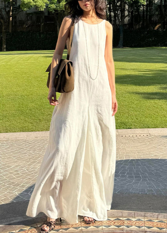 Robe longue en coton blanc à col rond de style simple sans manches EE051