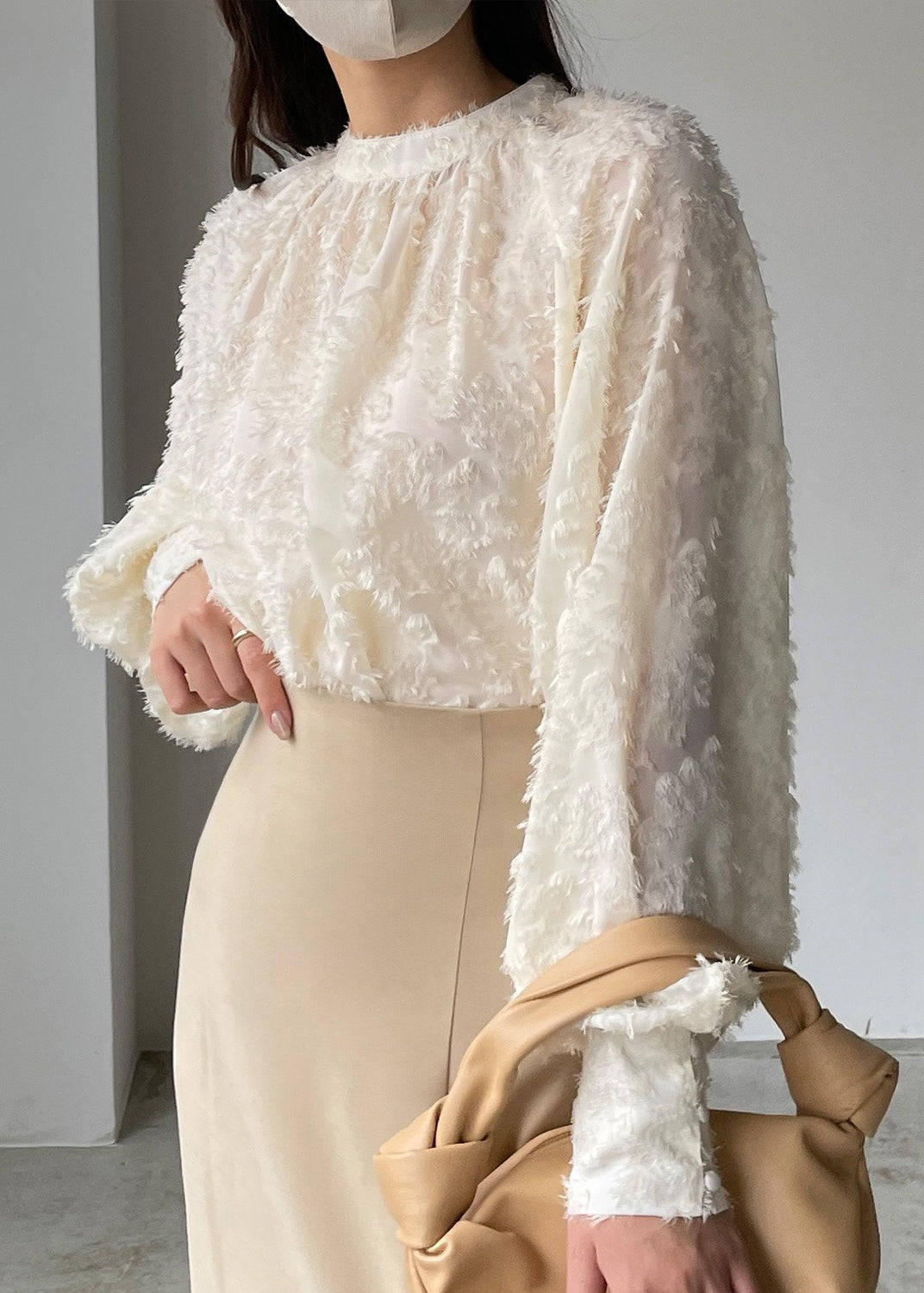 Sleeve Shirt Lantern Classy Chiffon Tasseled Beige Top