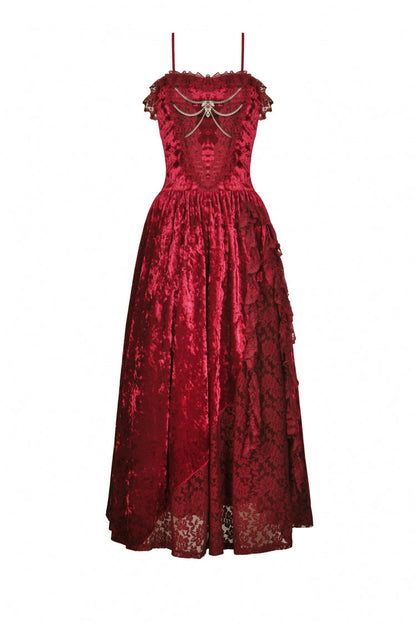 Crimson Sleeveless Gothic Velvet Slip Maxi Dress with Lace and Chains