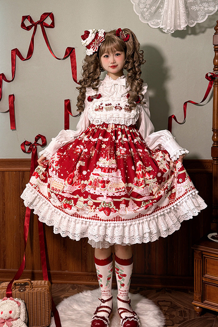 High Waisted Ruffle Bowknot Sweet Lolita JSK Dress with Strawberry Dessert Print - 4 Colors