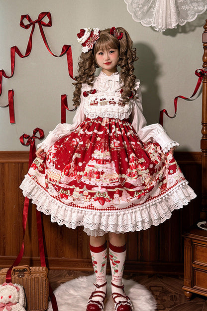 High Waisted Ruffle Bowknot Sweet Lolita JSK Dress with Strawberry Dessert Print - 4 Colors