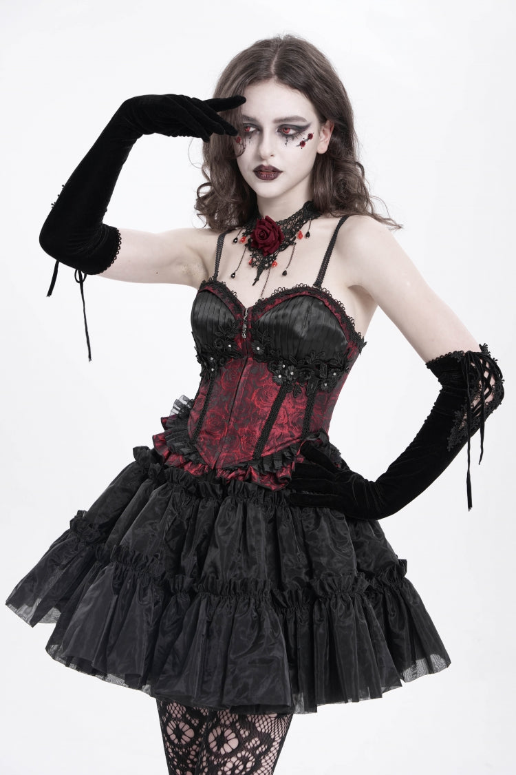 Crimson Gothic Tank Top with Lace-Up Embroidery and Ruffle Trim