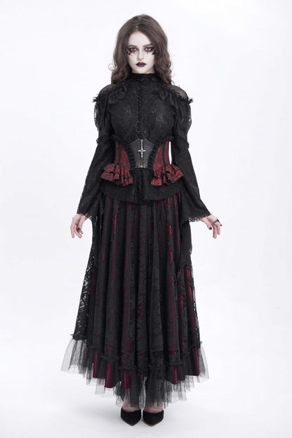 Crimson & Charcoal Spliced Lace Laced Slim Zippered Goth Palace Corset