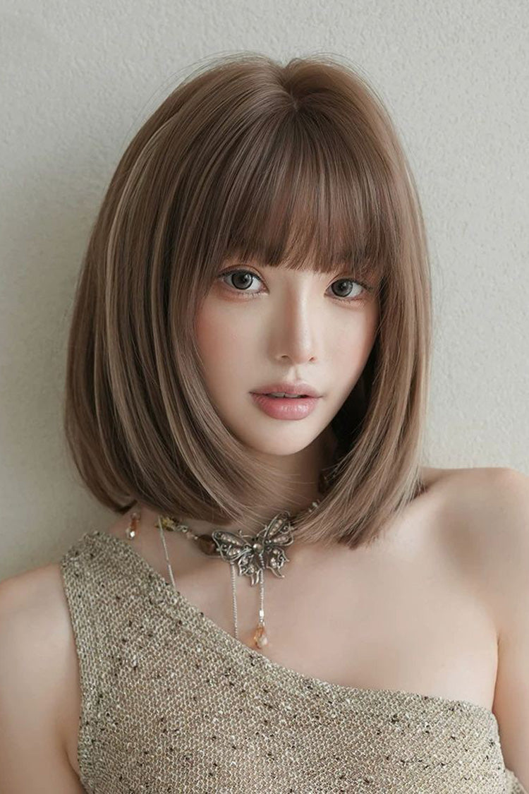 Fluffy Age-Reducing Clavicle Bob Lolita Wig with Highlights - Brown Beige