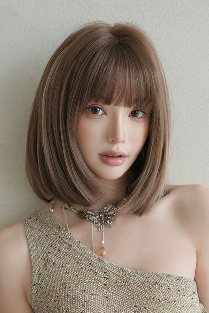 Fluffy Age-Reducing Clavicle Bob Lolita Wig with Highlights - Brown Beige