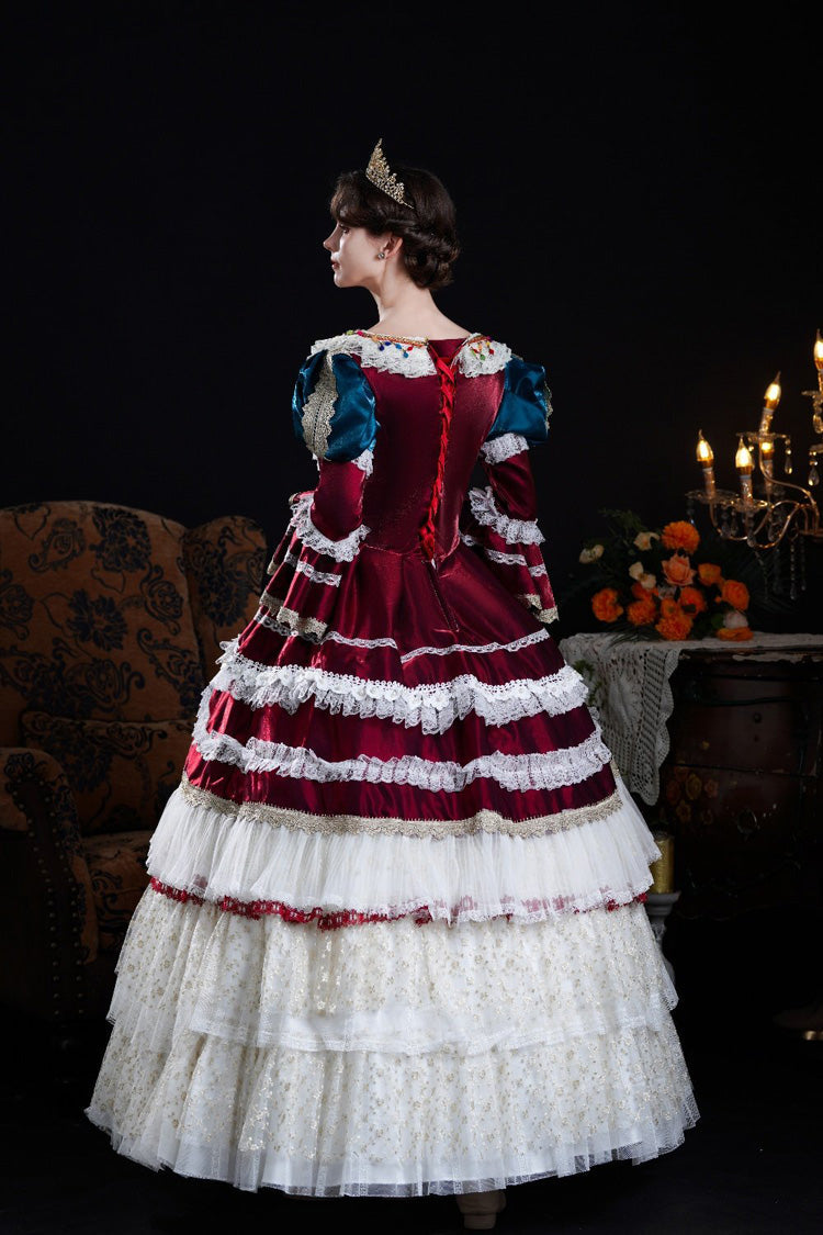 Victorian Palace Dress with Hime Sleeves, Triple Ruffles, and Bow Front in Wine/Ivory - RegalVintage