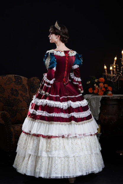 Victorian Palace Dress with Hime Sleeves, Triple Ruffles, and Bow Front in Wine/Ivory - RegalVintage