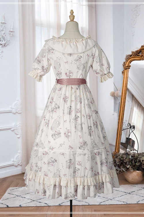 Sweet Lolita OP Gown with Flower Print, Round Collar & High Waist