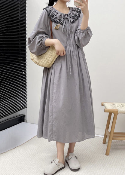 Grey Button Wrinkled Cotton Dresses Embroidered Long Sleeve NN031