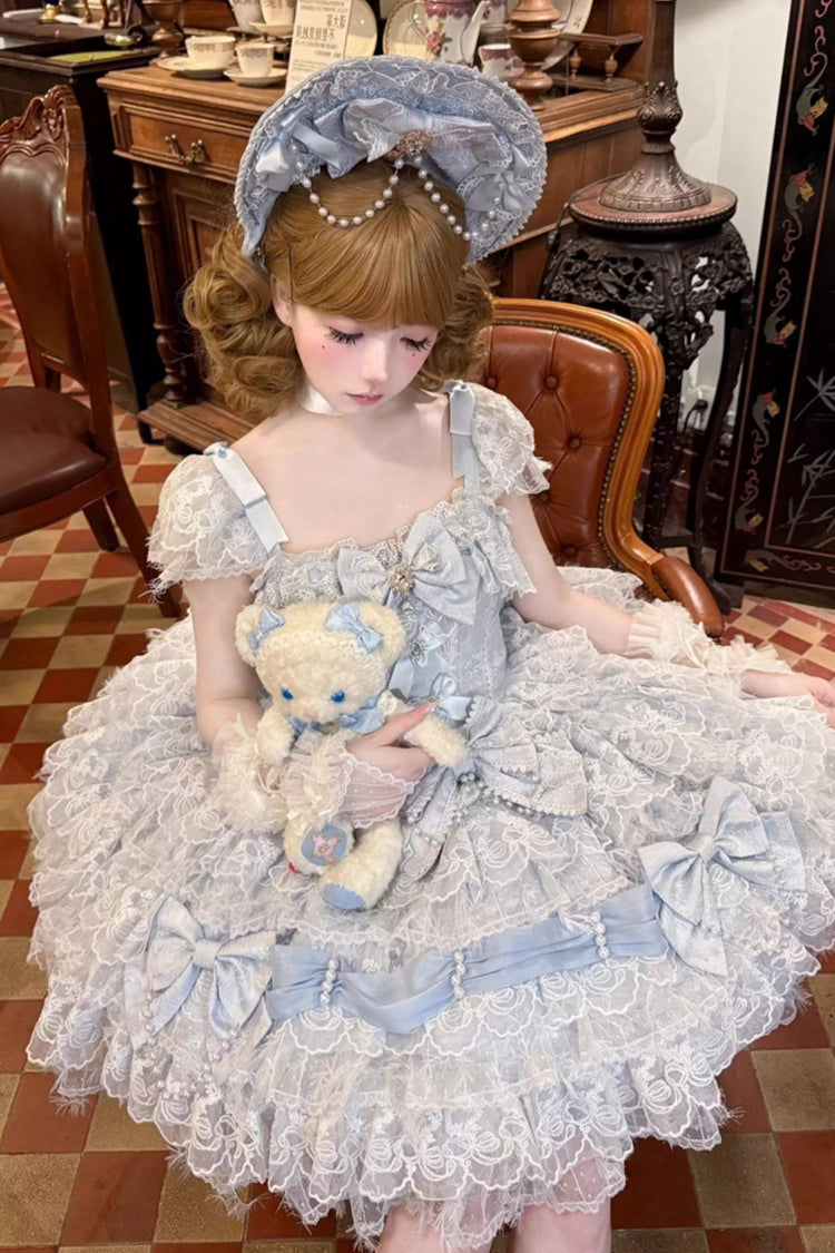 Azure Cloudborne Snowfeather Sleeveless Multi-Layered Hanayome Bow Pearl Gothic Lolita Jumper Dress