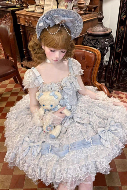 Azure Cloudborne Snowfeather Sleeveless Multi-Layered Hanayome Bow Pearl Gothic Lolita Jumper Dress