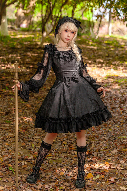 Gothic JSK Dress with Floral Print, Round Collar, and Ruffled Bow in Black