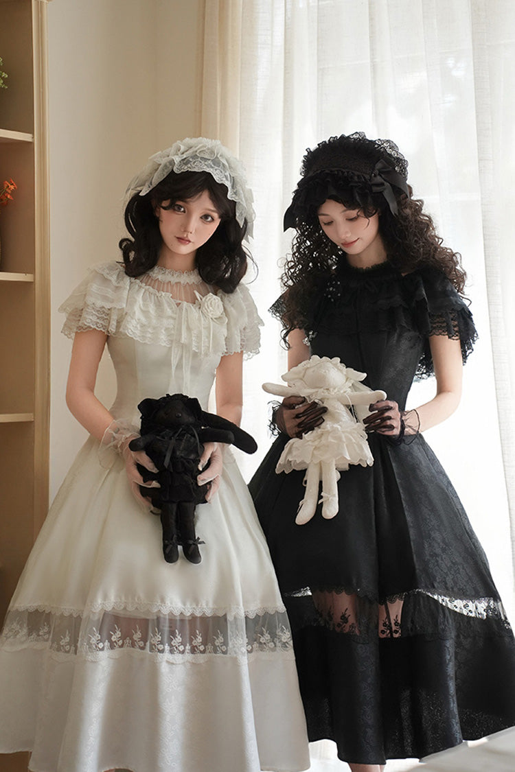 Elegant Lolita Dress with Off-Shoulder Neckline and Ruffle Print in Black