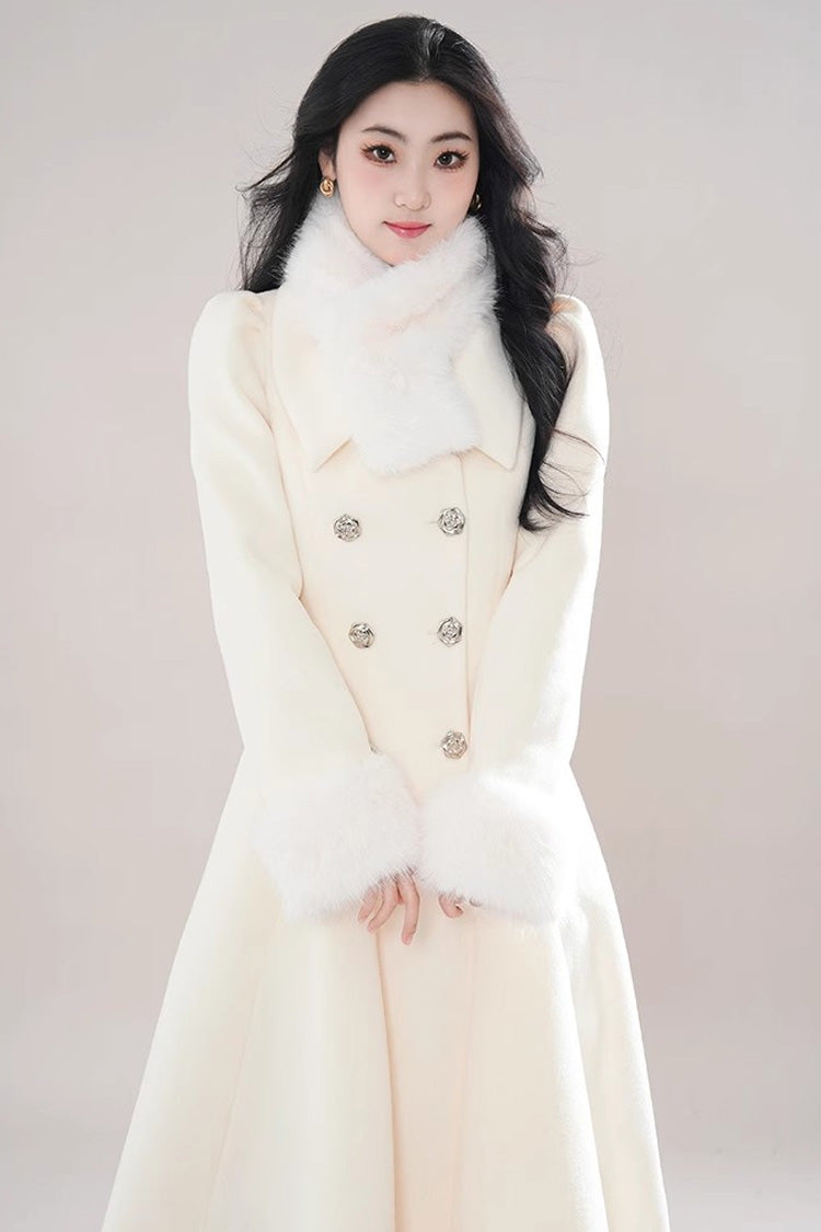 Elegant Princess Lolita Coat with Double-Breasted Front & Removable Fur Collar, Cream