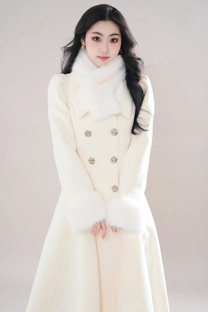 Elegant Princess Lolita Coat with Double-Breasted Front & Removable Fur Collar, Cream