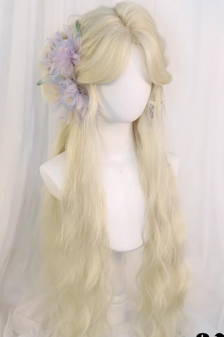 Sweet Lolita Wig with Long Curly Hair & Gold Curtain Bangs, Cream
