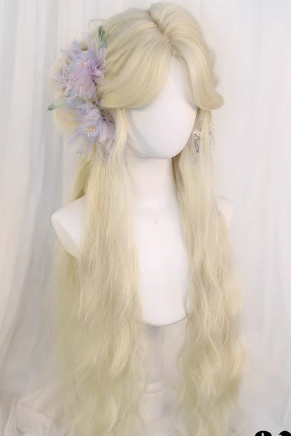 Sweet Lolita Wig with Long Curly Hair & Gold Curtain Bangs, Cream