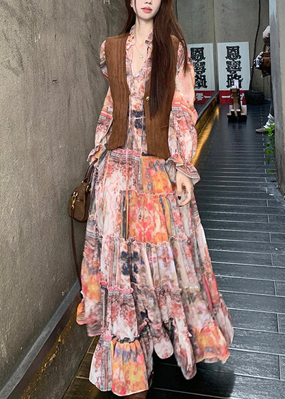 Dress Brown And Ruffled Suede Faux Elegant Waistcoat Two-Piece