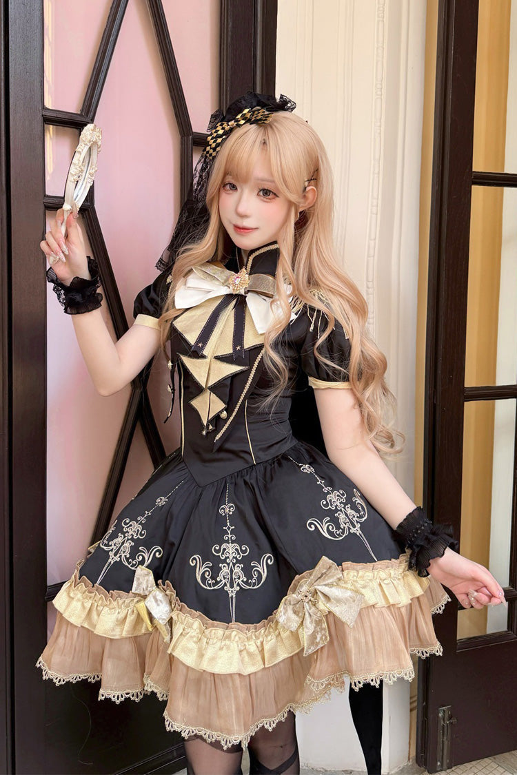 Ebony Short-Sleeve Double-Layered Embroidered Bow Gothic Dress - Gilded Oath
