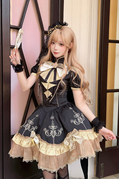 Ebony Short-Sleeve Double-Layered Embroidered Bow Gothic Dress - Gilded Oath