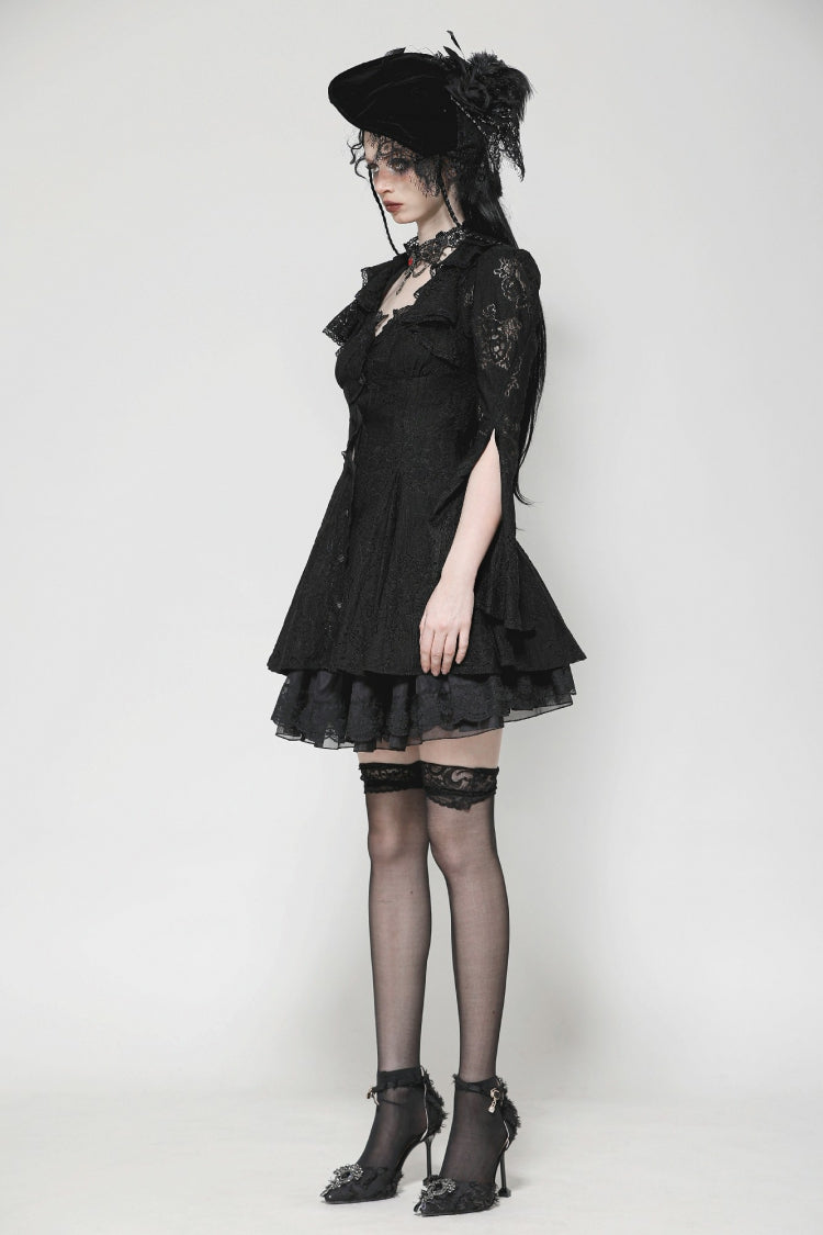 Ebony Flared-Sleeve Embroidered Lace-Up Gothic Honeymoon Dress