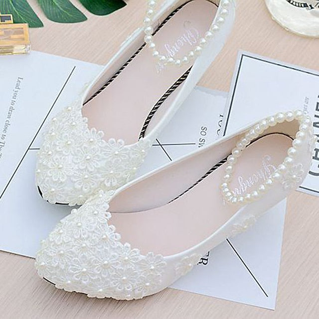 White Pearl Lace Wedding Floral Heels – Women's Decorated