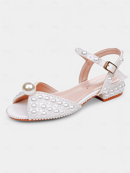 Women's Pearl-Embellished – Heel Low White Sandals