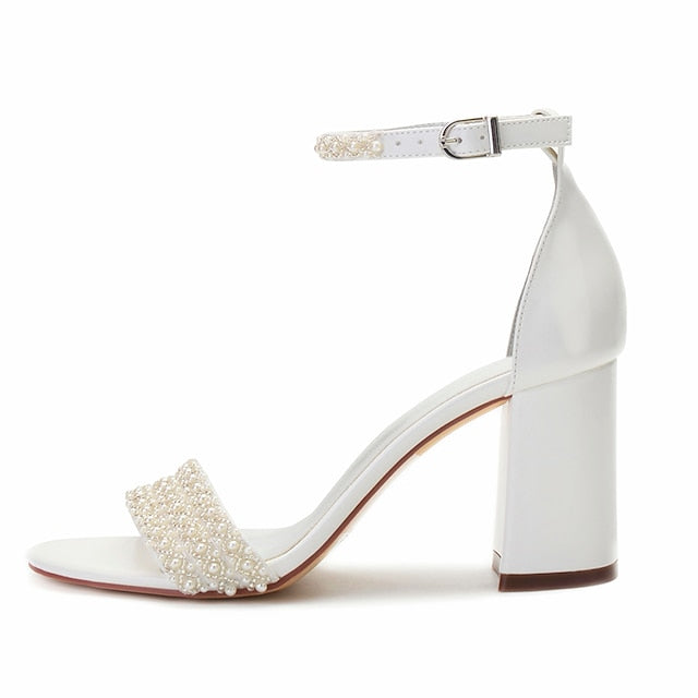 Pearl Strap White Embellished Ankle Ivory Women's Block