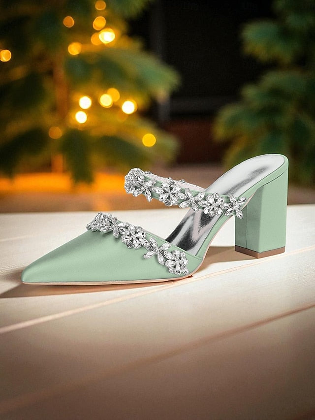 Heel Block Mules with Black Satin Floral Rhinestone Women's