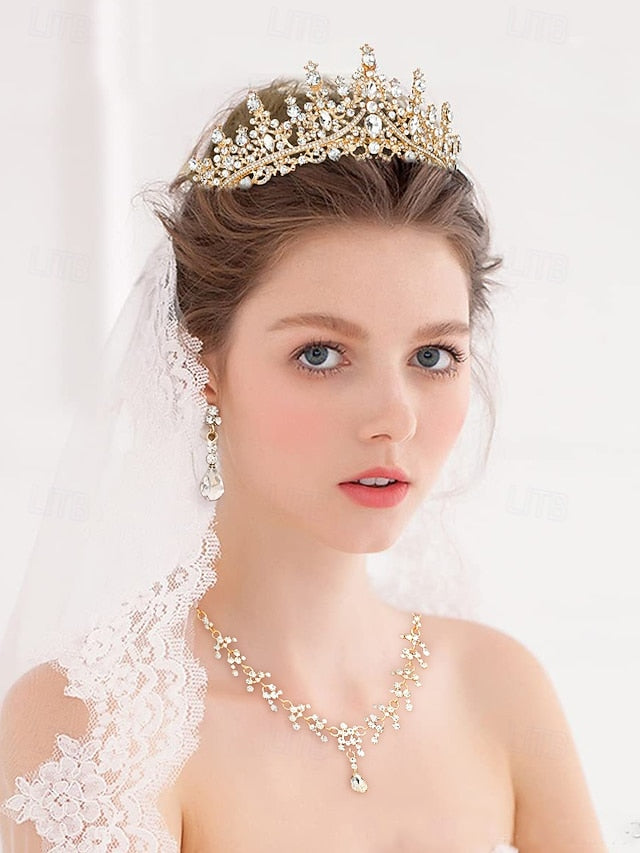 Set and Necklace Crown Tiara Diamond Sparkling Gold-Plated –