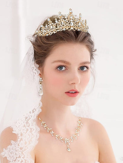 Set and Necklace Crown Tiara Diamond Sparkling Gold-Plated –