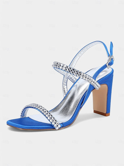 Heel Prom White Bridal – Rhinestone Sandals Women's Block