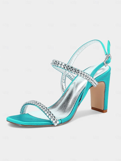 Heel Prom White Bridal – Rhinestone Sandals Women's Block