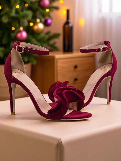 Elegant Strap Ankle Velvet Sandals Women's - High Heel Red