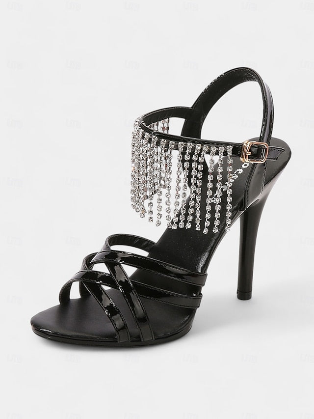 Rhinestone Sandals Leather Patent Stiletto Women's with Red