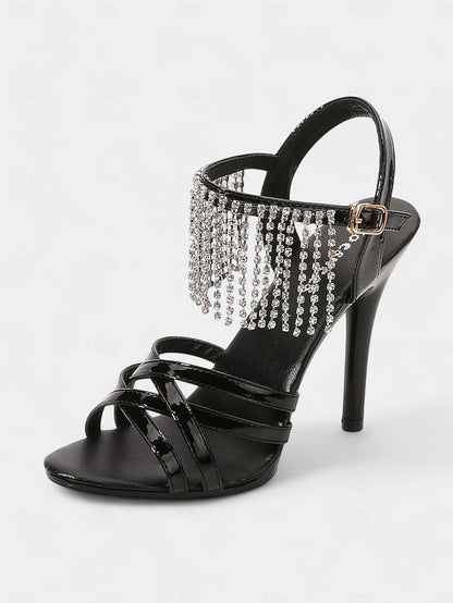 Rhinestone Sandals Leather Patent Stiletto Women's with Red