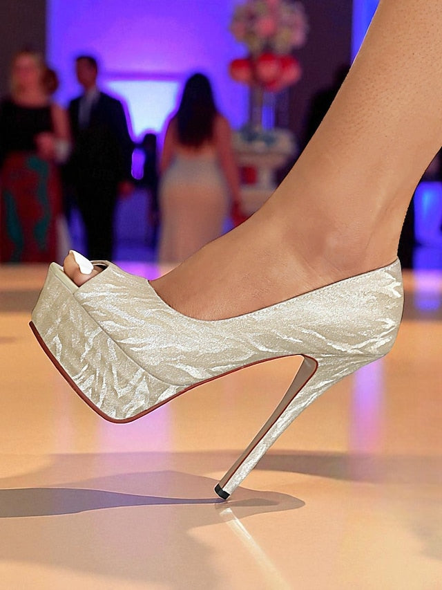 Subtle Women's Silver Heels with Platform Peep-Toe Pattern