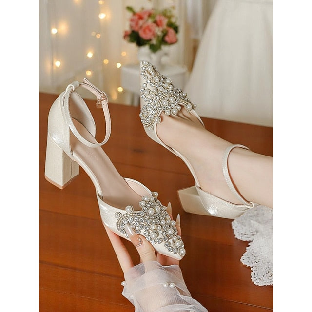 Embellished Rhinestone Block Pearl Women's Heel and Wedding