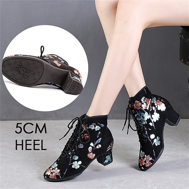 Floral for – Low Comfortable Shoes Lace-up Women Dance Black