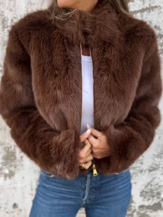 Casual Faux Zipper Plain Women's Breathable Fur Warm Coat