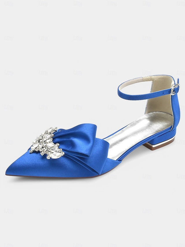 Ankle Bow Rhinestone Satin Pointed-Toe with Heels White and