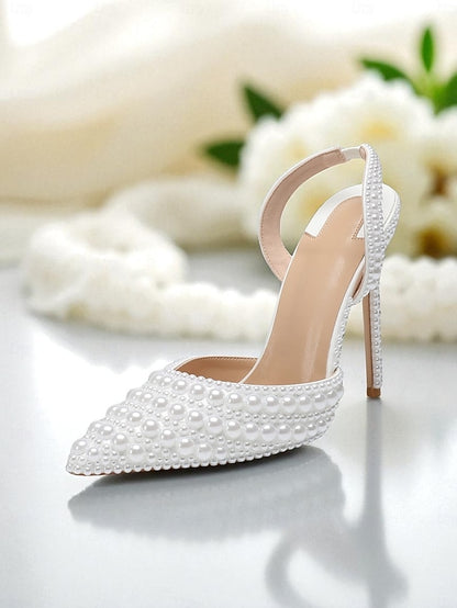 - Women's Pearl-Embellished Slingback Heels Leather White